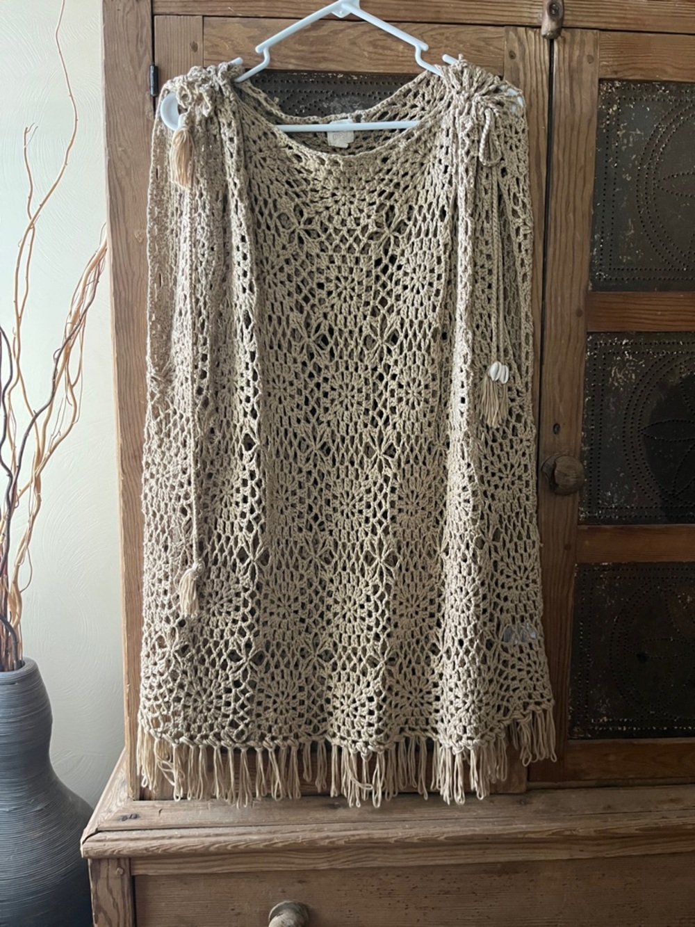 SURF GYPSY Boho Crochet Tassel Cover-Up in Beige